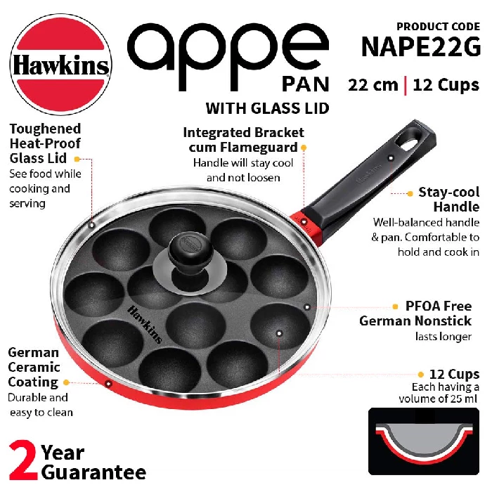Hawkins Nonstick Appe Pan with Glass Lid, 12 Cups, Diameter 22 cm, Black (NAPE22G), Cast Aluminium, Red-2.webp